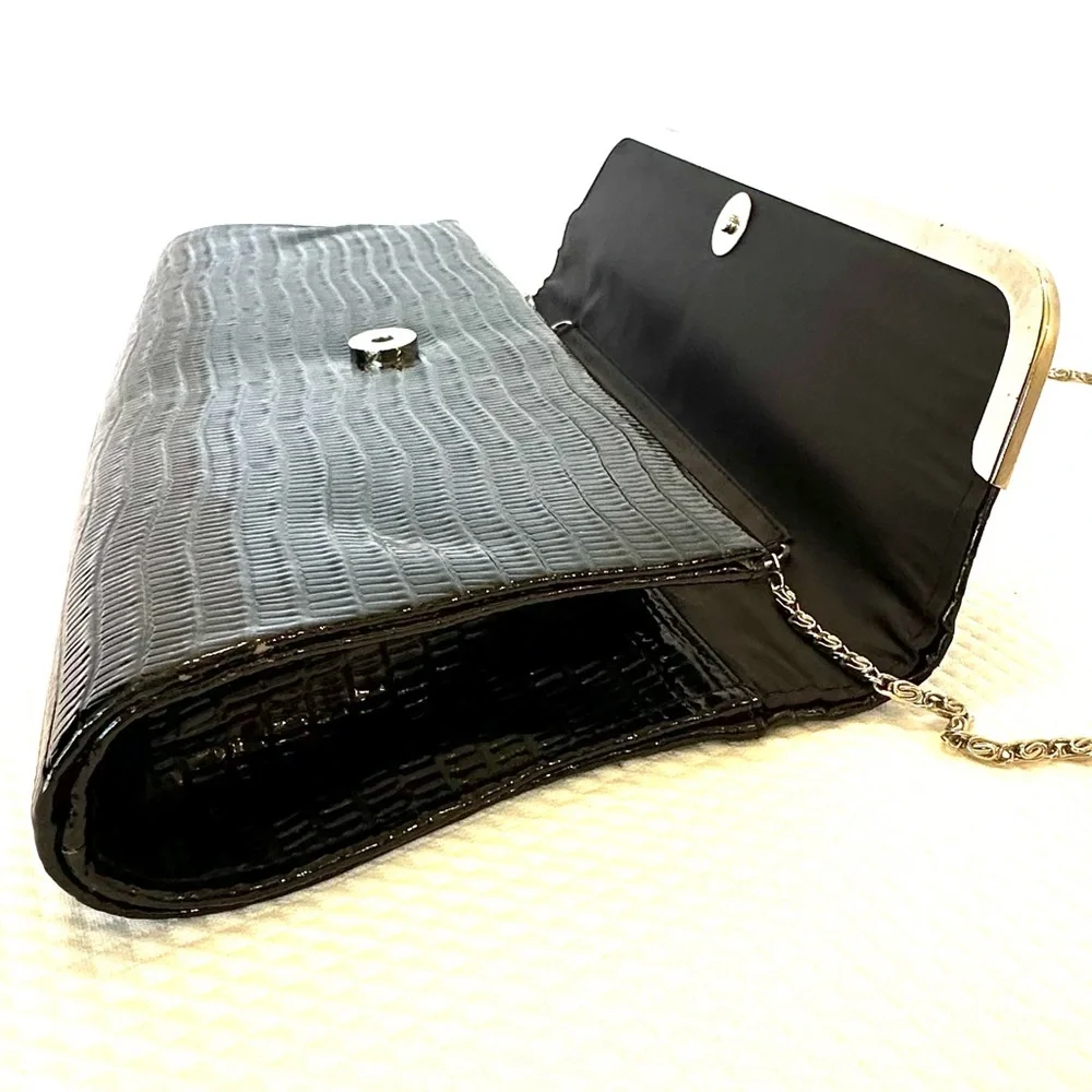 Vintage Retro Envelope Black‎ Y2K East West Textured Patent Clutch Shoulder Bag